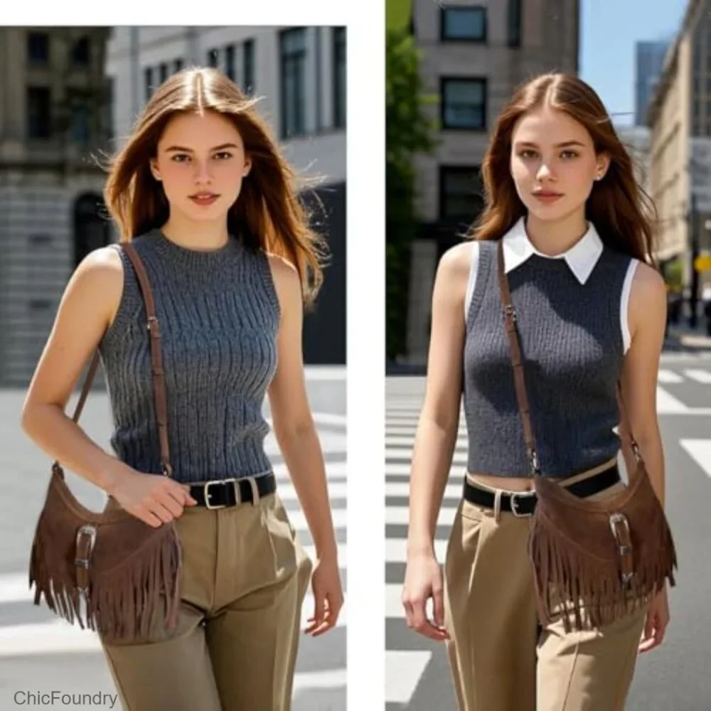 Small Fringe Hobo Shoulder Bag with Tassel, Adjustable Strap, Vintage Style